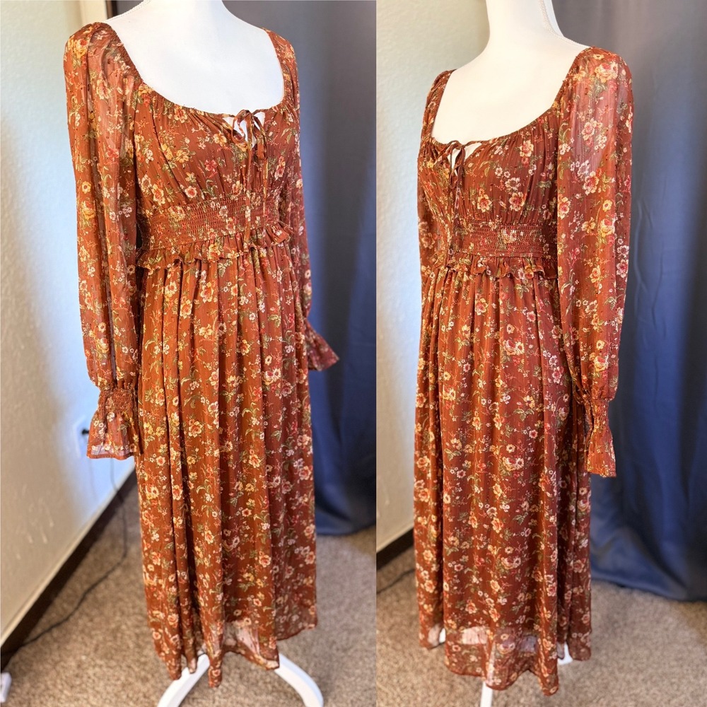 By The River Floral Smocked Midi Dress Rust Cottagecore Small - Picture 2 of 10